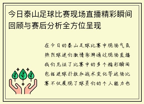 今日泰山足球比赛现场直播精彩瞬间回顾与赛后分析全方位呈现